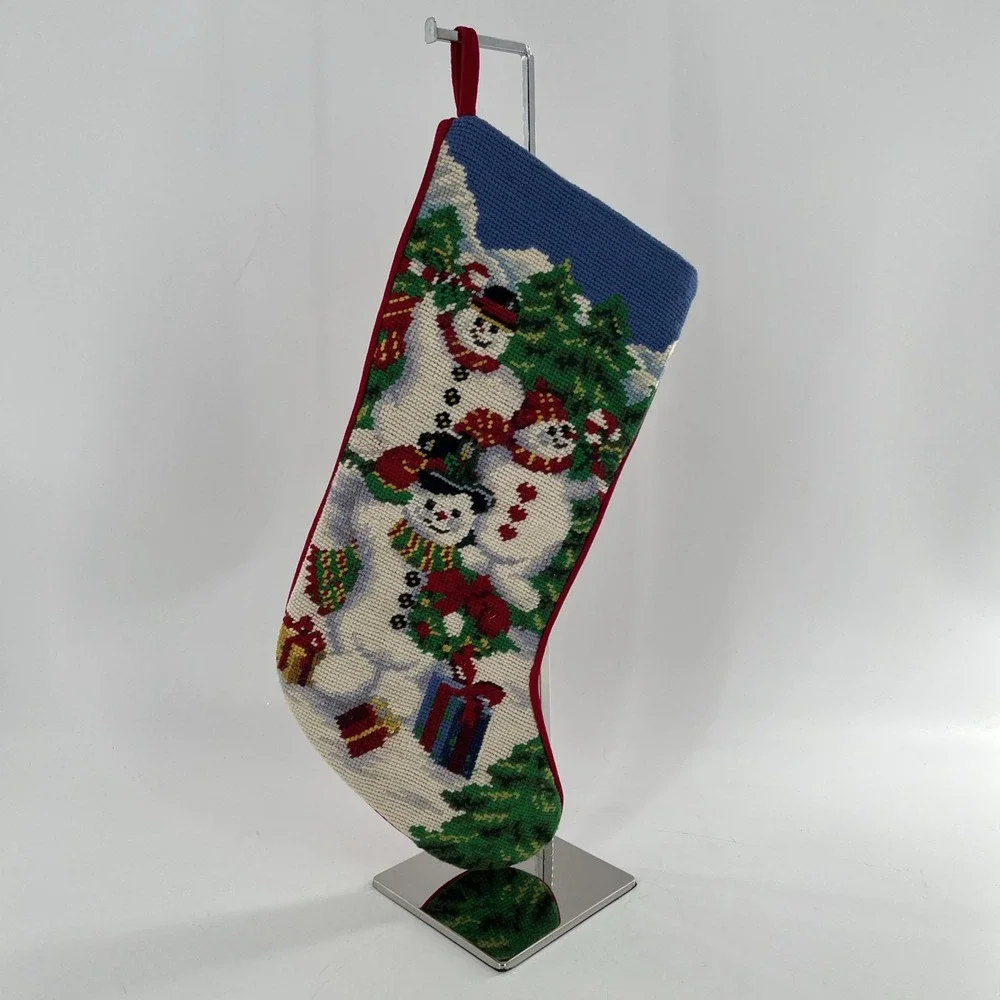 Needlepoint Christmas Stocking Completed Snowman Family Gifts Wreath Velvet, 20